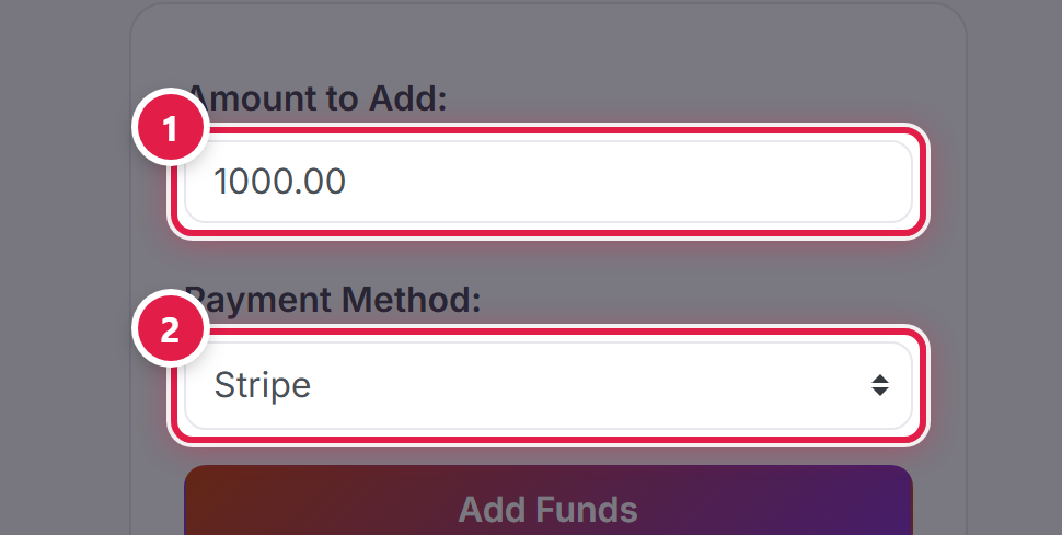 The Add Funds form, with the amount field ringed and numbered 1 and the payment method list ringed and numbered 2.