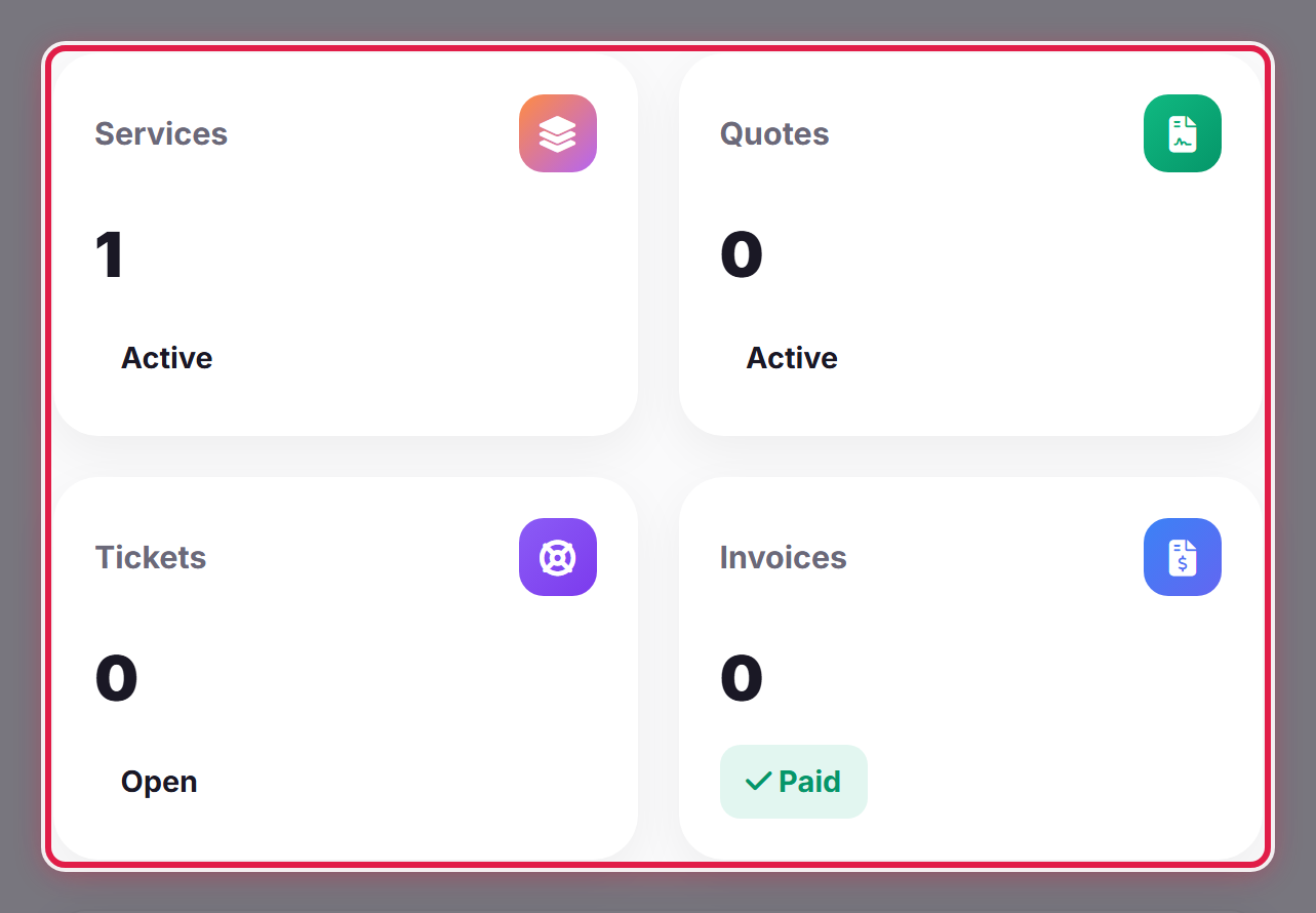 The four summary tiles at the top of the dashboard: Services, Quotes, Tickets and Invoices, each with a count.