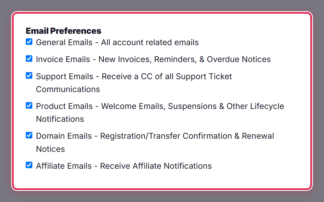 The Email Preferences section of Account Details, with the categories of email you can turn on or off.