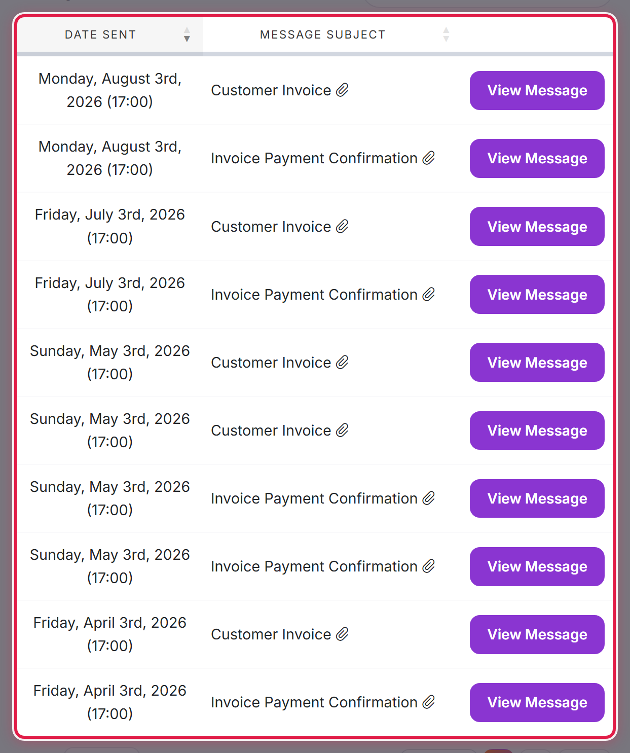 Email History, listing every message sent to the account with its date and subject.