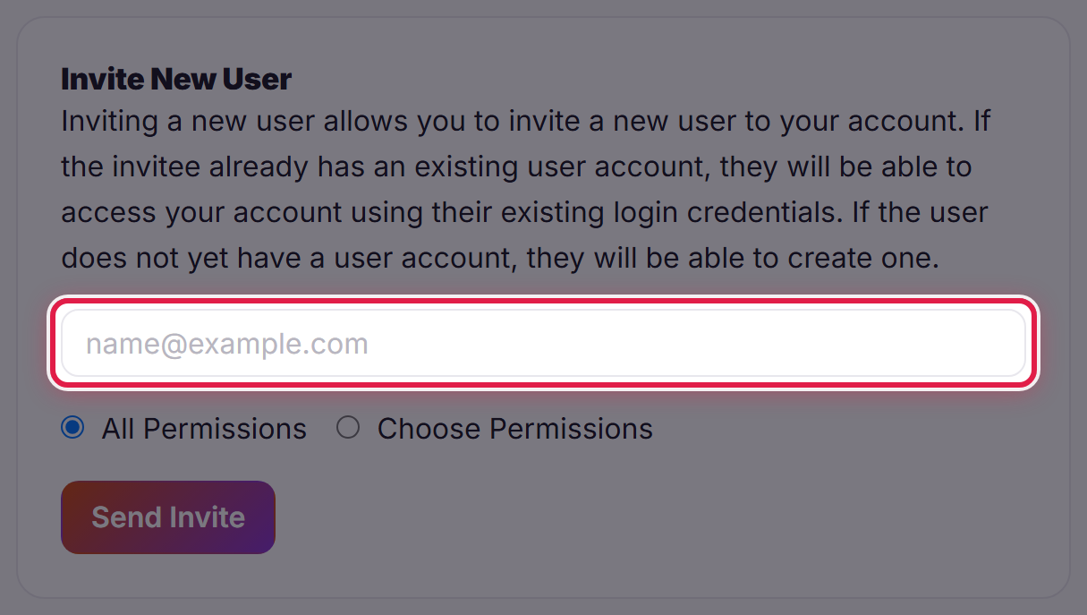 The Invite New User section, with the email address field ringed.