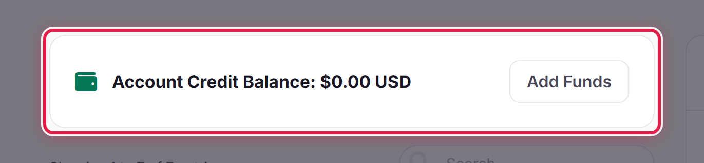 The account credit panel at the top of My Invoices, showing the balance and a link to Add Funds.