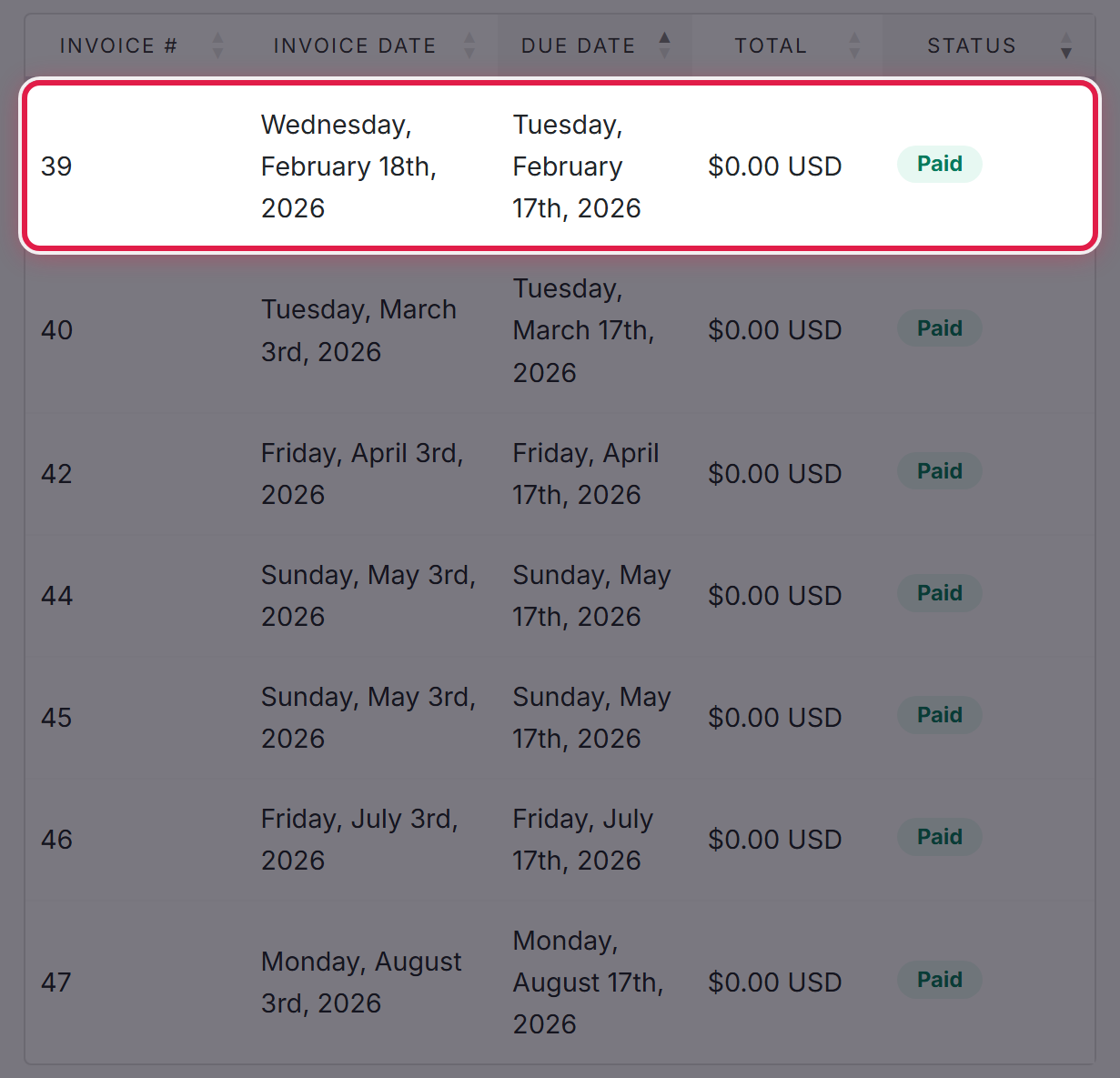The My Invoices table with an invoice row ringed, showing the invoice number, dates, total and status.
