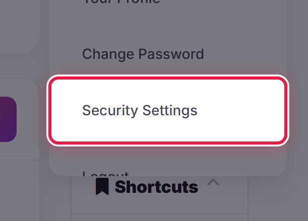 The account menu open, with Security Settings ringed.