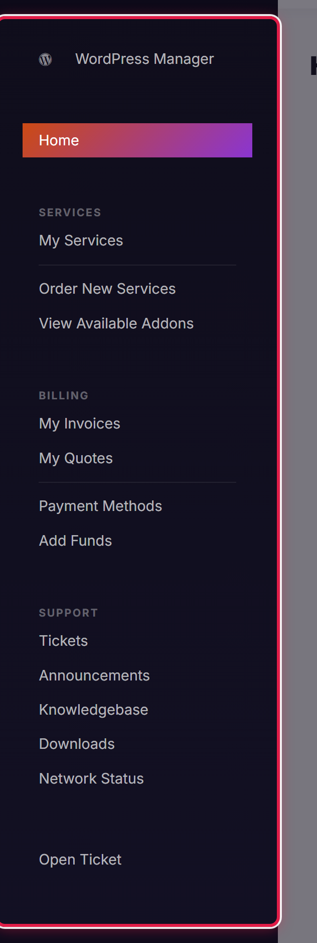 The navigation sidebar, grouped into Services, Billing and Support.