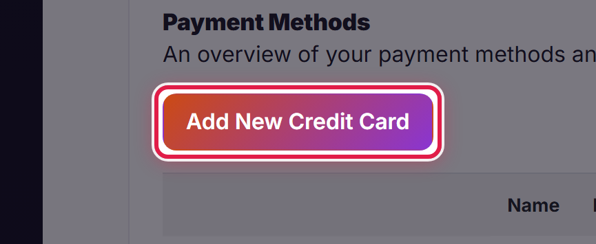The Payment Methods page, with the Add New Credit Card button ringed.