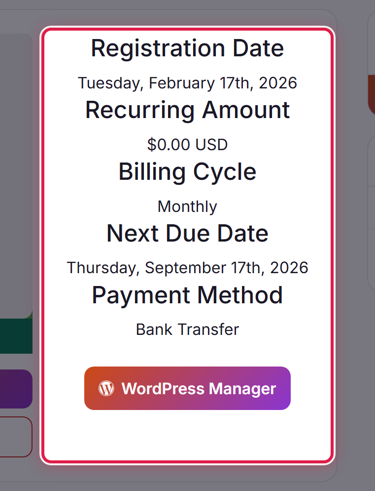 The billing block on a plan page, showing registration date, recurring amount, billing cycle and next due date.