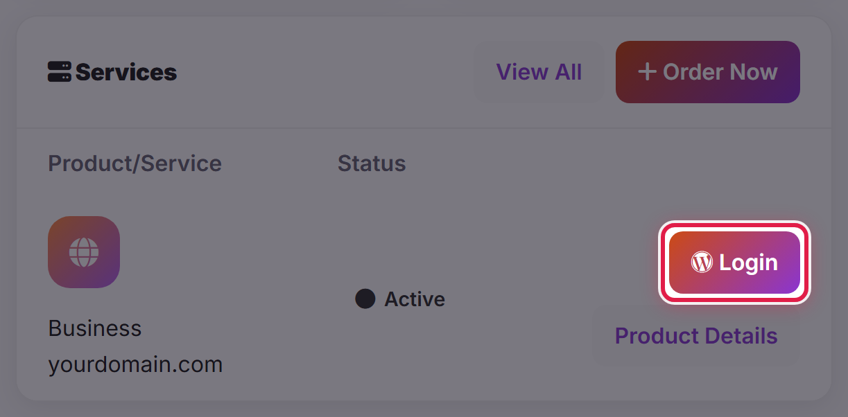The Services panel on the dashboard. The Login button beside the service is ringed.