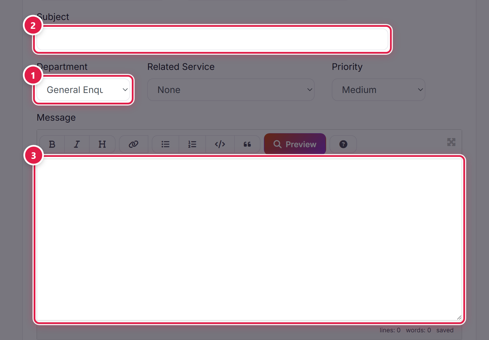 The Submit Ticket form: department numbered 1, subject numbered 2 and the message box numbered 3.