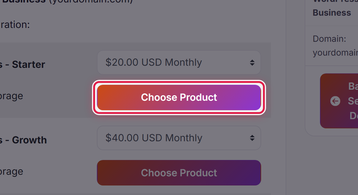 A plan on the upgrade page with its Choose Product button ringed.