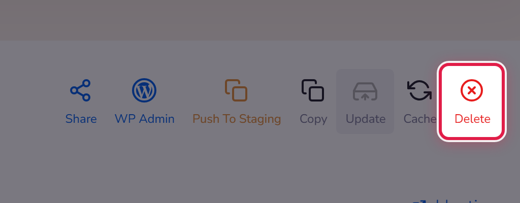 The row of site actions: Share, WP Admin, Push To Staging, Copy, Update, Cache and Delete, with Delete ringed.