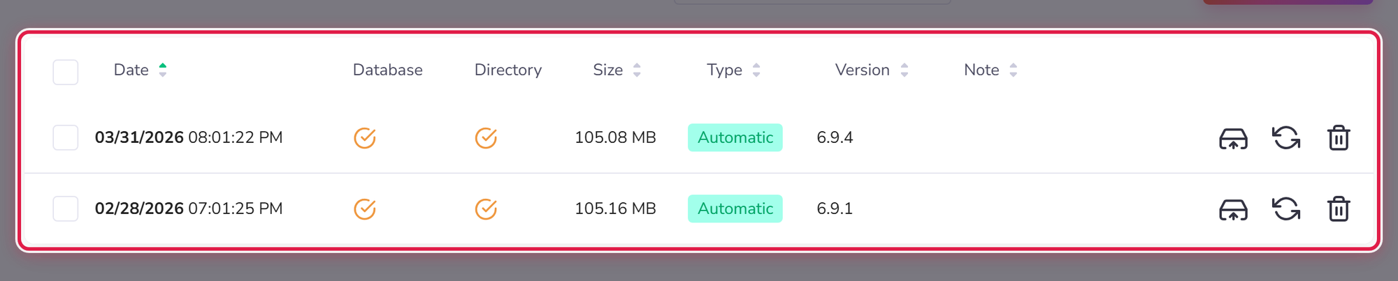 The list of stored backups, each with its date, size, whether it is automatic or manual, and the WordPress version it holds.