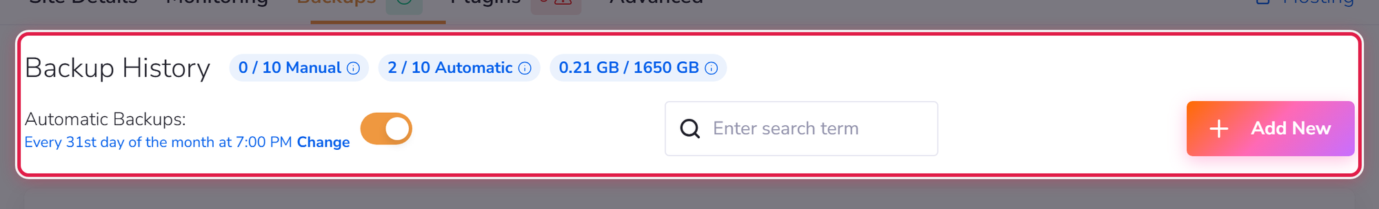 Backup History, showing how many manual and automatic backups are stored and how much space they use.