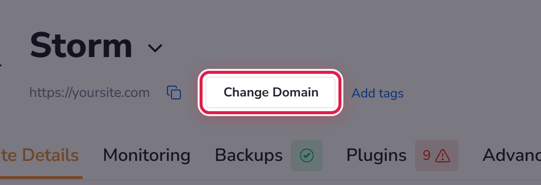 A site in the WordPress manager, with the Change Domain button ringed.