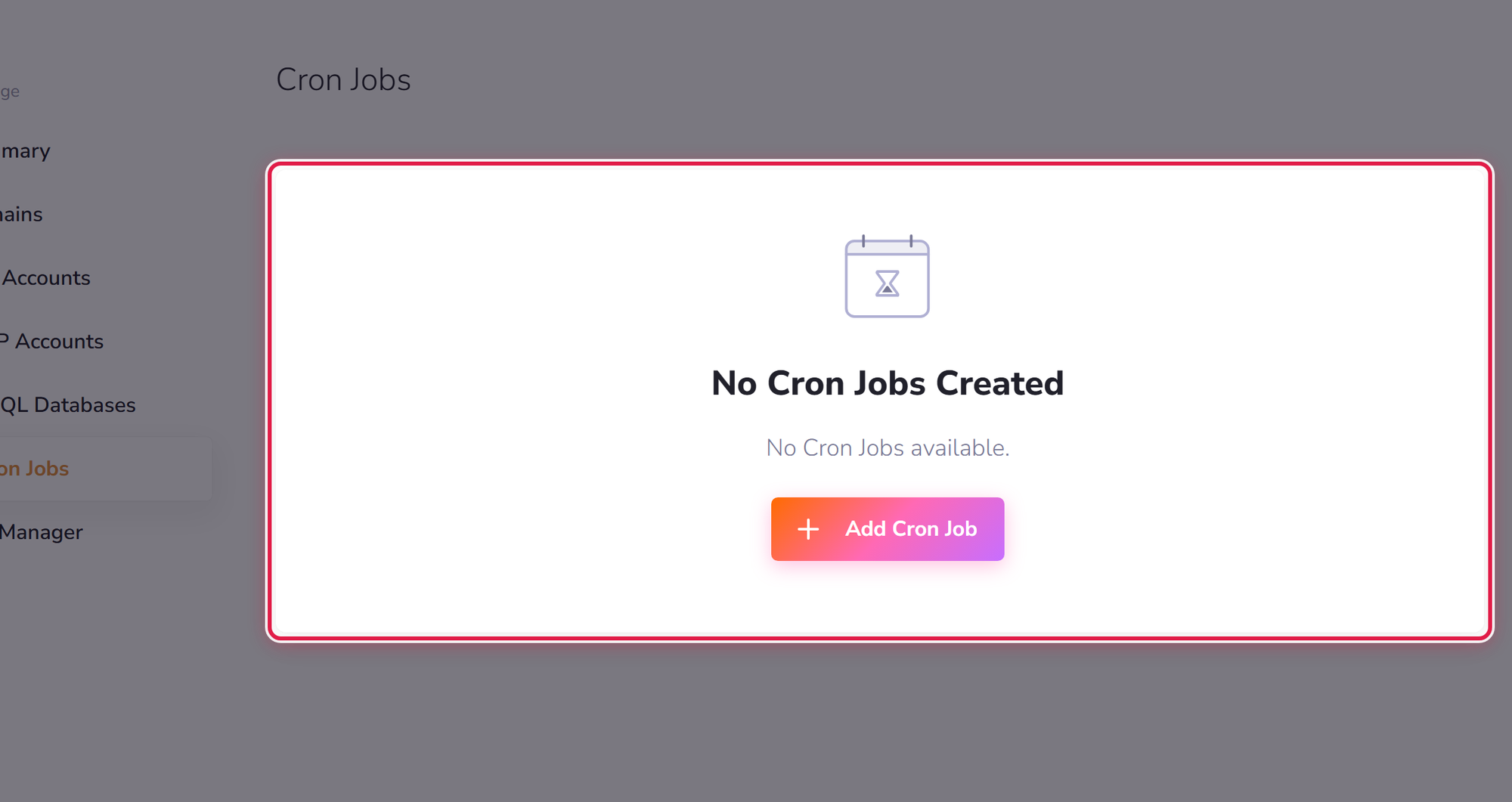 The Cron Jobs screen, where scheduled tasks are added.