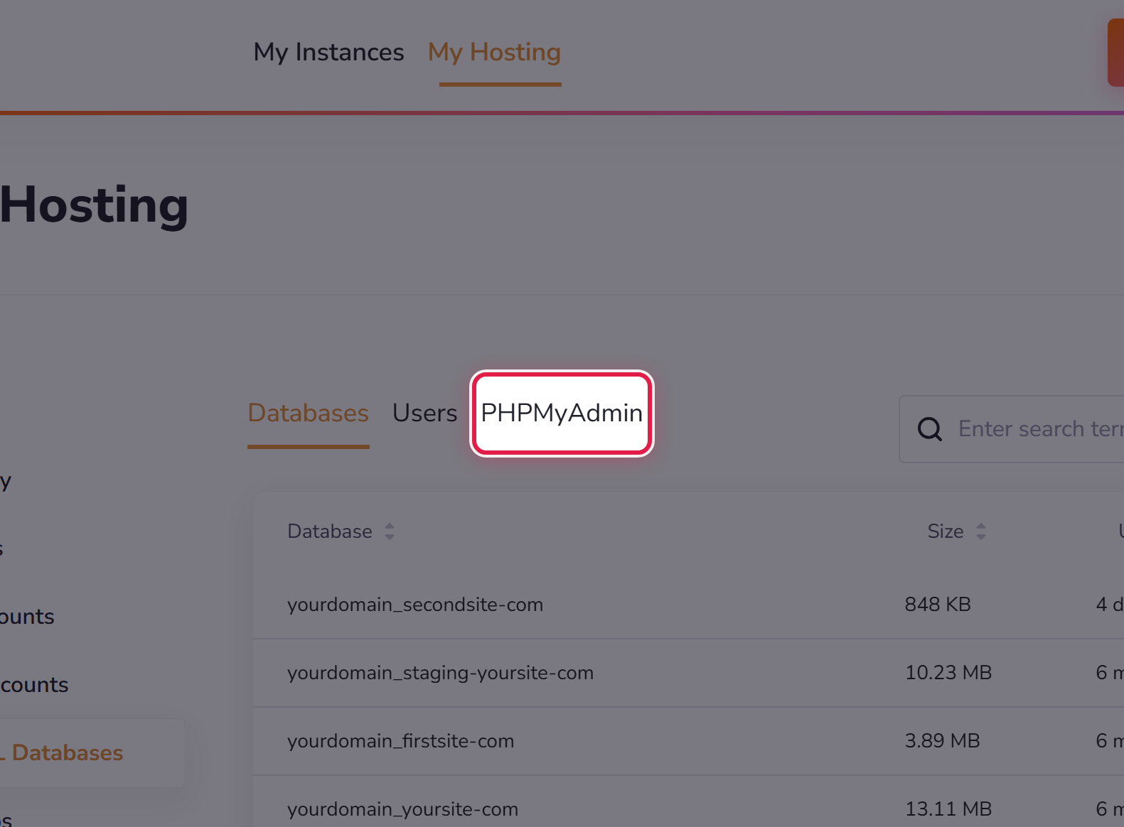 The MySQL Databases screen, with the PHPMyAdmin tab ringed.