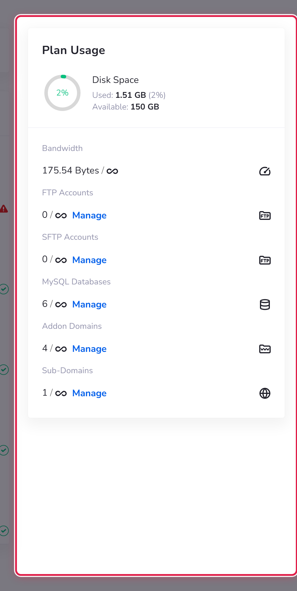 The Plan Usage panel, showing disk space used against the plan allowance, bandwidth, databases and domains.