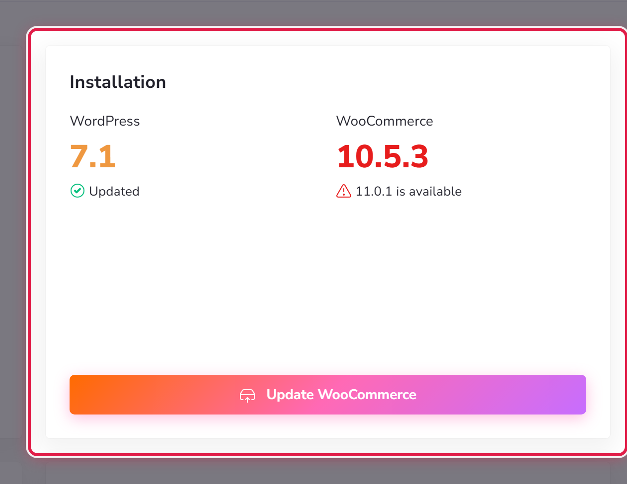 The Installation card, showing the WordPress version and whether an update is available.