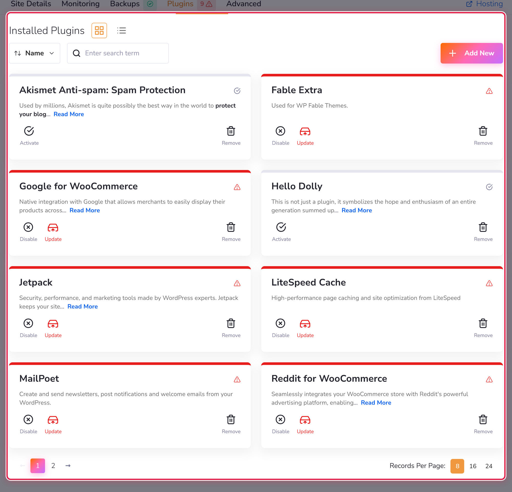 The Installed Plugins list, with Activate, Disable, Update and Remove beside each plugin.