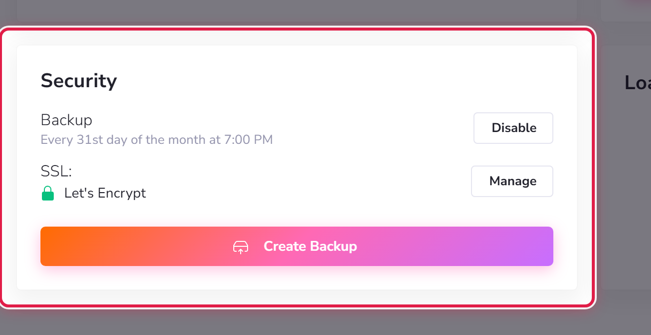 The Security card on a site, showing the backup schedule and the SSL certificate.