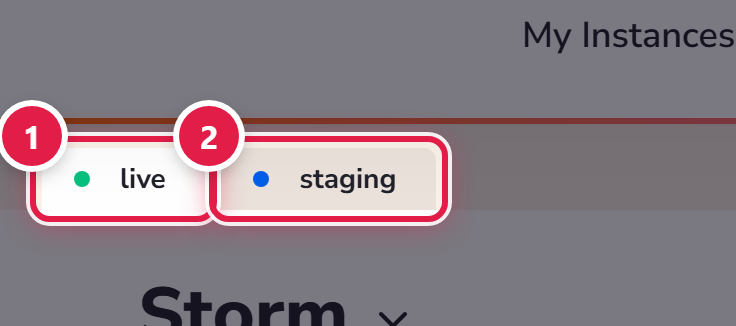 The live and staging switch at the top of a site, live numbered 1 and staging numbered 2.